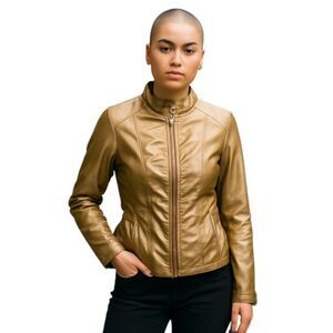 Baccini Medium Gold Faux Leather Jacket Viscose Long Sleeves Shirred Holiday